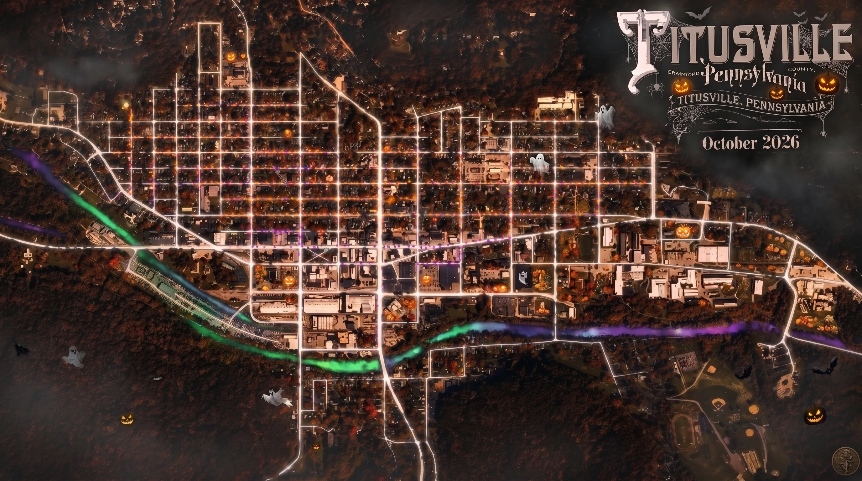 Titusville at night in October: the streets glowing, pumpkins and ghosts across town, Oil Creek lit green and violet